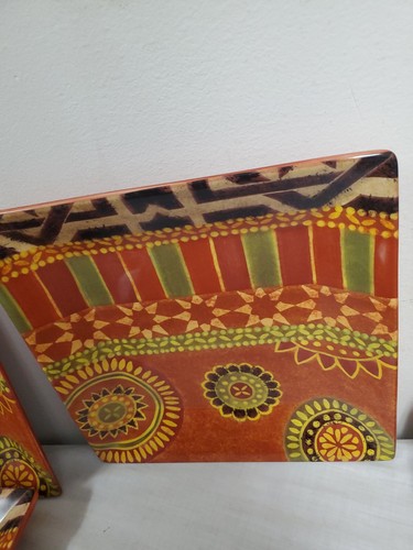 Rio (4) Tabletops Gallery Square Dinner Plates 10" Orange Green Rust - Picture 5 of 7