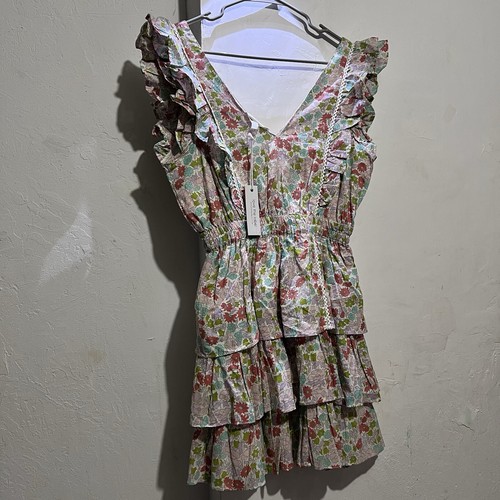 LOVE THE LABEL Pink Green Ines Floral Printed Tiered Ruffle Flutter Mini Dress S - Picture 5 of 15