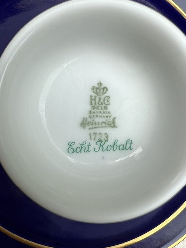 4 tazas de té, platillos y platos de postre Heinrich medallón de oro cobalto real Baviera - Imagen 8 de 8