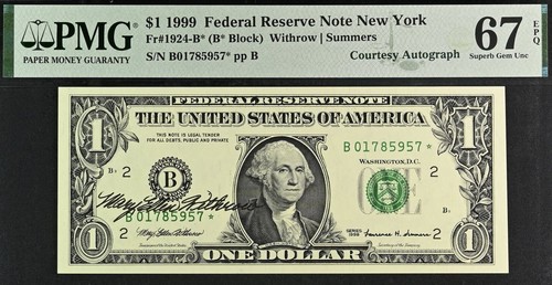 1999 $1 FRN New York PMG 67EPQ Top Pop Finest - Treasurer Withrow Autograph Star - Picture 3 of 4