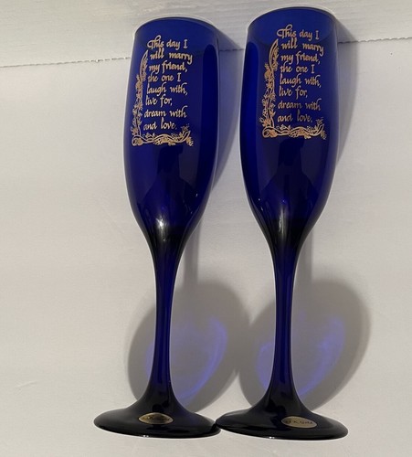 Libby Champagne Wedding Glasses Cobalt Blue 22K Gold letters Set of 2
