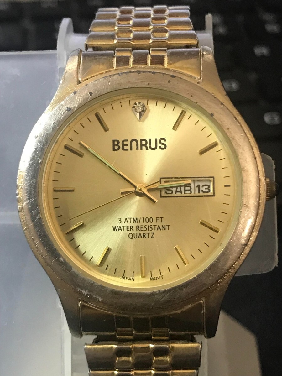 Benrus BNW702 36mm Gold Tone Quartz Day/Date Men's Watch