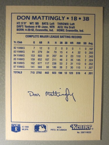 *Rare* 1988 Kenner Starting Lineup Cards #66 Don Mattingly *Hard to Find* - Picture 2 of 2
