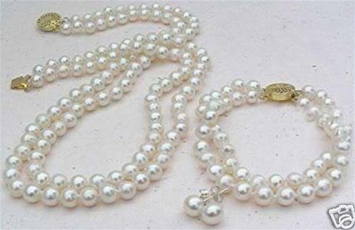 2 Rows White 8mm Shell Pearl Necklace Bracelet Earrings Set Real PN549 - Picture 6 of 6