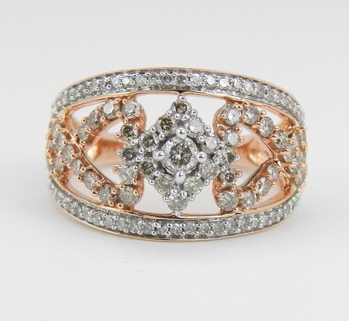 Rose Pink Gold Diamond Cluster Heart Cocktail Ring Band Size 7.25 - Picture 1 of 5