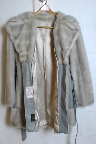 Vintage Mink & Grey Leather Coat, sz 14, Belted, Buttons, by Hillmoot Royal Mink - Picture 3 of 12