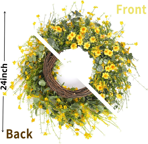 Yellow Daisy Wreath 24 Inch Spring Summer Wreath Fake Silk Floral Wreath with Gr - Picture 6 of 6