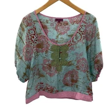 Sweet Sinammon Top Blouse Womens Small Blue Purple Silk Bohoemian Hippie