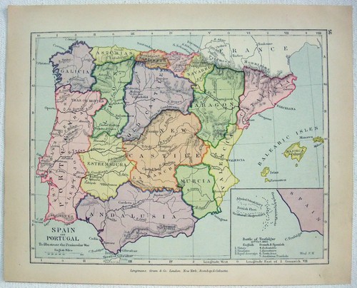 Vintage Map of Spain, Portugal & the Battle of Trafalgar by Longmans Green 1907 - Picture 1 of 3
