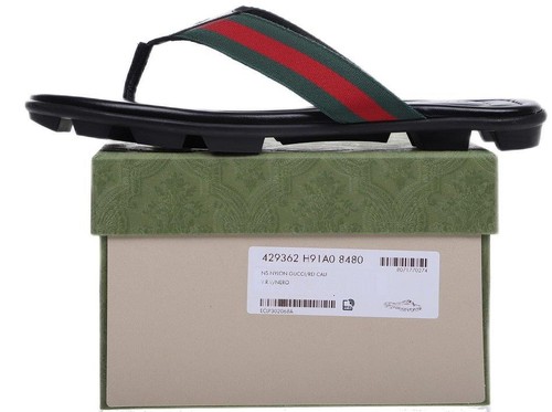 NEW GUCCI MEN'S BLACK LEATHER WEB LOGO THONG SANDALS SHOES 8/US 8.5.5 - Picture 8 of 8