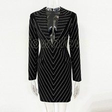 Womens Occident Runway V-neck Mid Long Slim Hip Wrap Blazer Dress Rhinestone