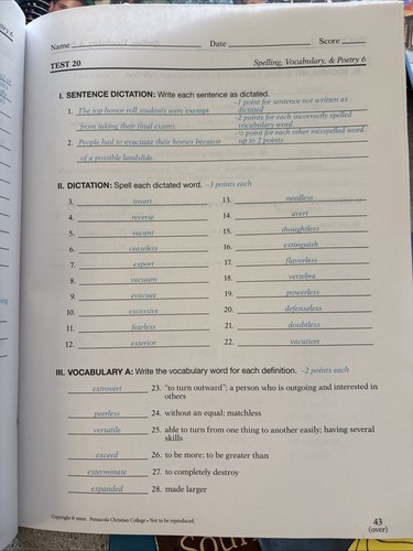 Abeka Spelling Vocabulary & Poetry 6 Teacher Test Key Sixth Edition 6th Grade - Picture 2 of 3