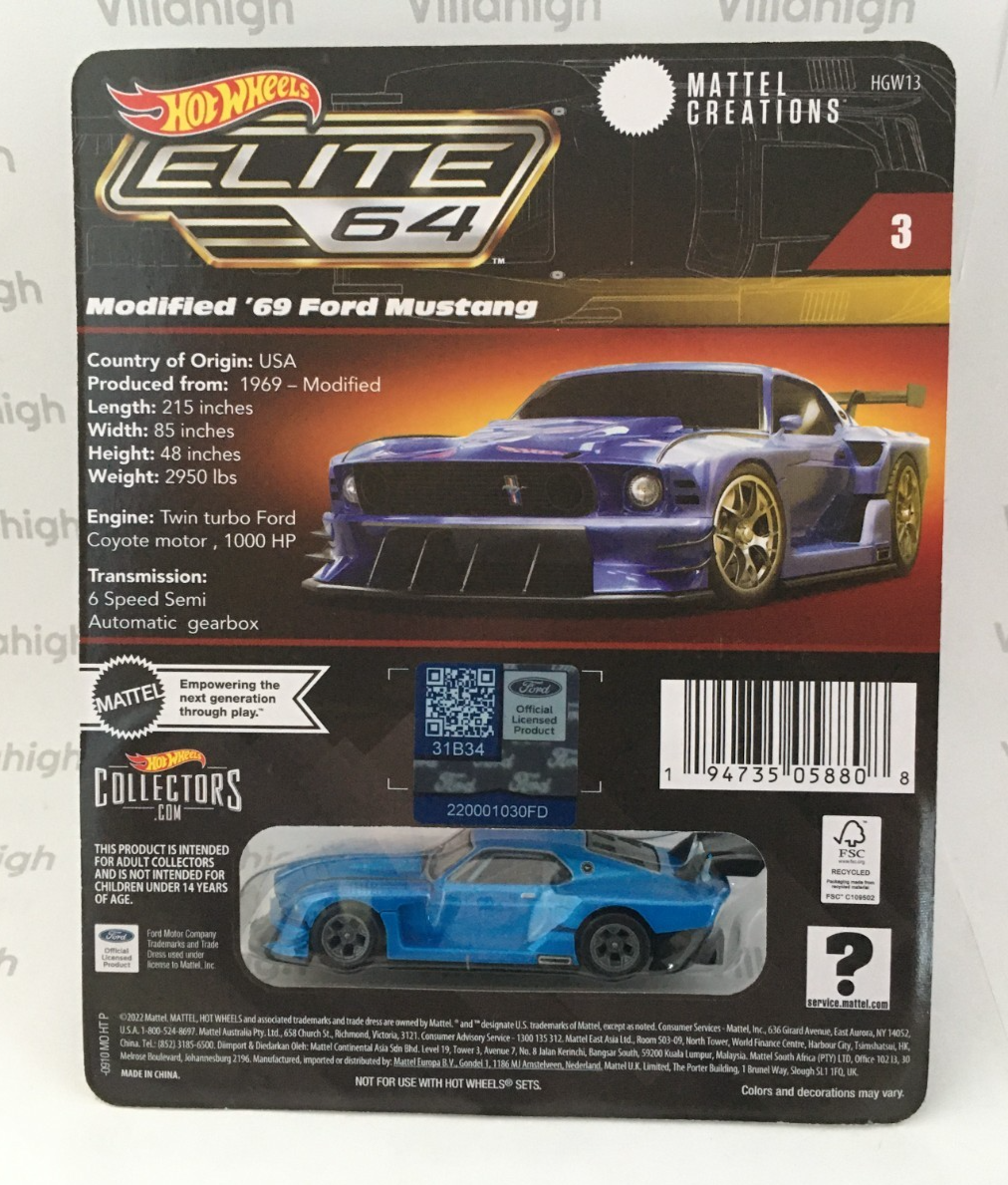 Hot Wheels Elite 64 Licensed Ford Blue Modified 69 Mustang HGW13