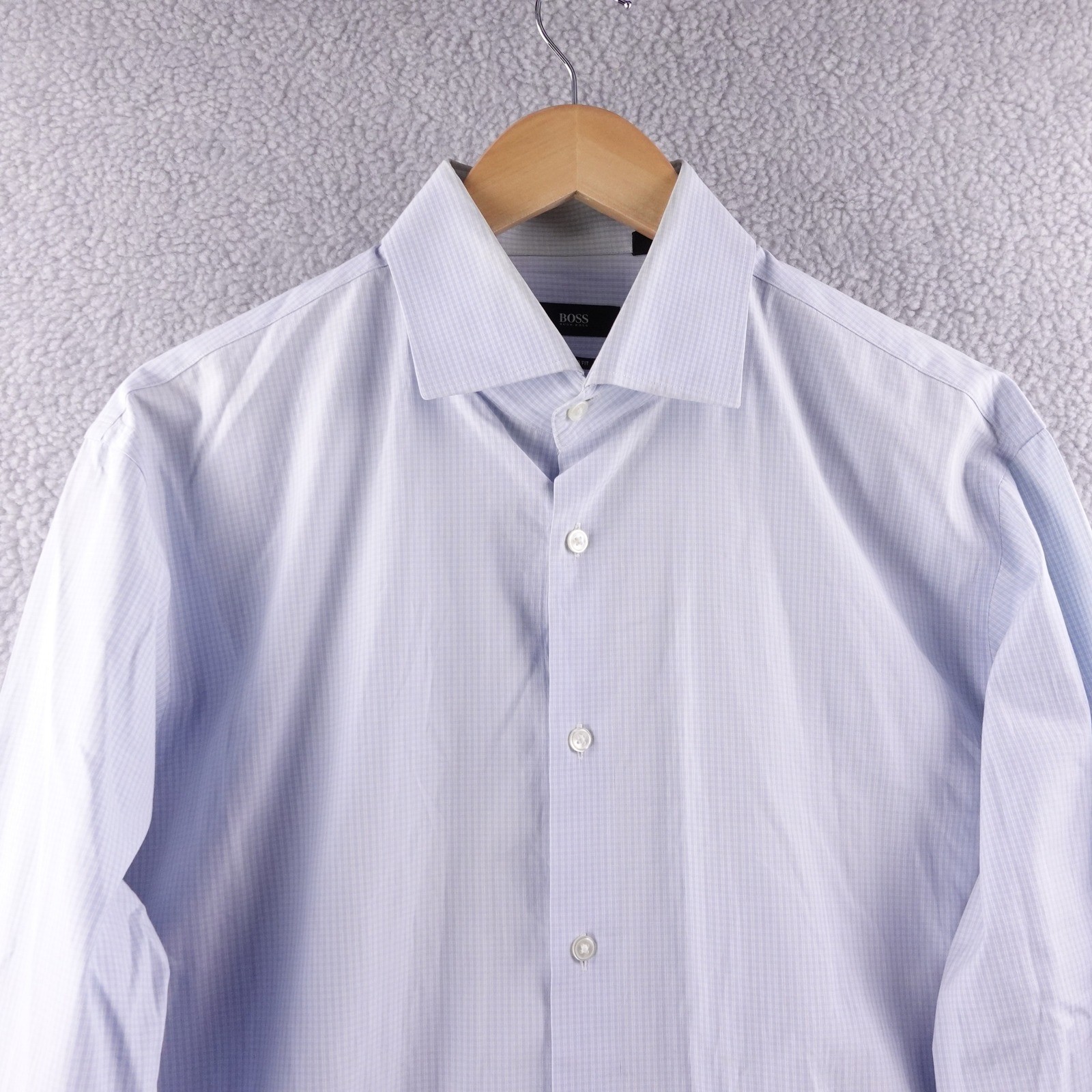 BOSS Hugo Boss Regular Fit Dress Shirt Men 17 34/35 Light Blue Gingham Formal
