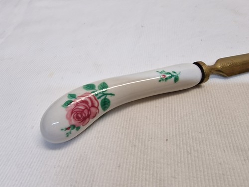 altes Briefmesser Brieföffner Messing Porzellangriff rote Rose 19,4 cm - Bild 15 von 17