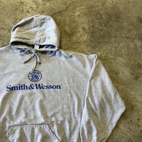 Vintage Smith & Wesson Hoodie Sweatshirt Herren 3XL grau blau Logo Schusswaffen 90er
