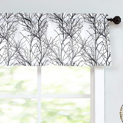 Window Valance Curtains Black Tree Branch Print Semi Sheer White Short Valance