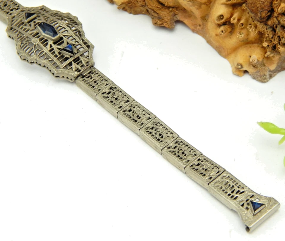 Antique Ladies filigree watch band 14K gold filled w/ Blue Sapphires Handi-Fold - Image 2 of 4
