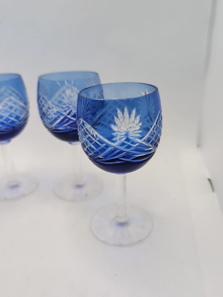 Set Of 4 Vintage Cobalt Blue Cut To Clear Glass Crystal liqueur Shot glasses - Image 3 of 4