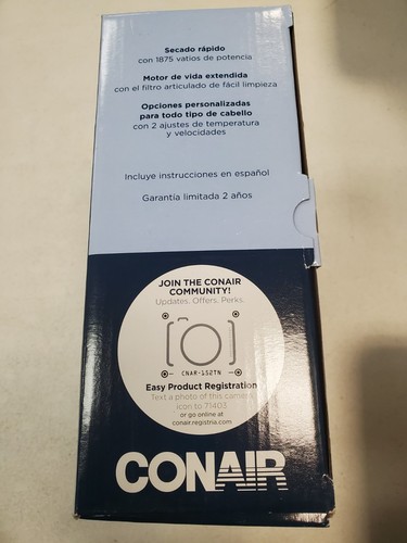 Conair Mid-Size Hair Dryer Blower 1875W Blue 2 Heat/Speed Settings (5182) E8H - Afbeelding 2 van 6