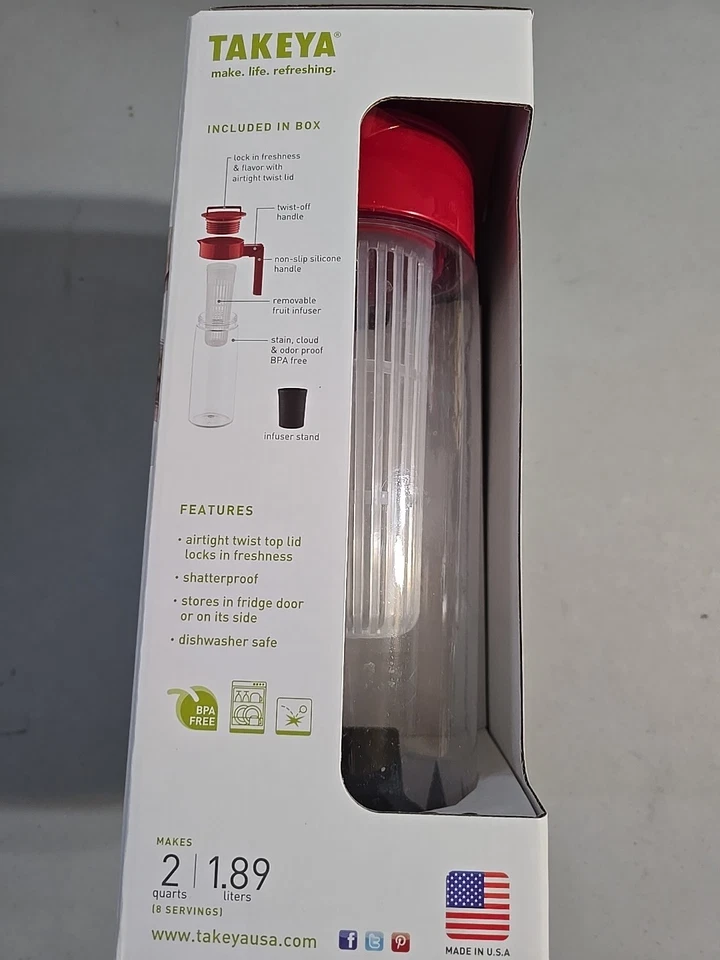 Takeya Airtight Fruit Infusion Maker Pitcher Infuser Beverage 2 Quart Red USA - Image 3 of 4