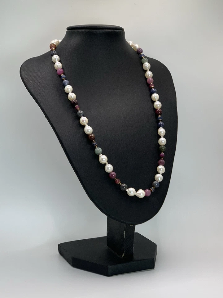 Collana Perle Akoya rubini Zaffiri Argento 925 Oro Vintage - Immagine 4 di 4