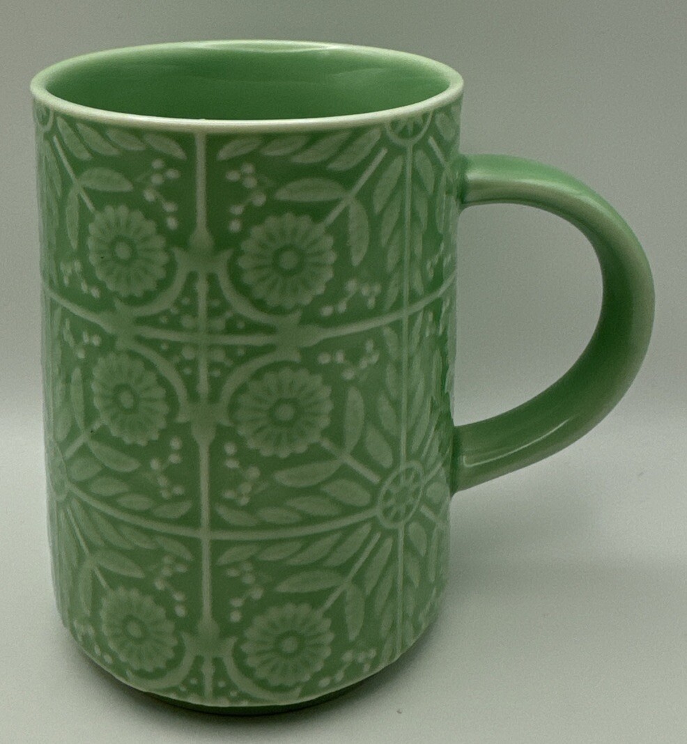 STARBUCKS Coffee Mug Embossed Tile Floral Jadeite Green 12