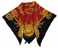 GIANFRANCO FERRE Lion Angels Print 34x34 Large Silk Square Scarf Red Black Gold