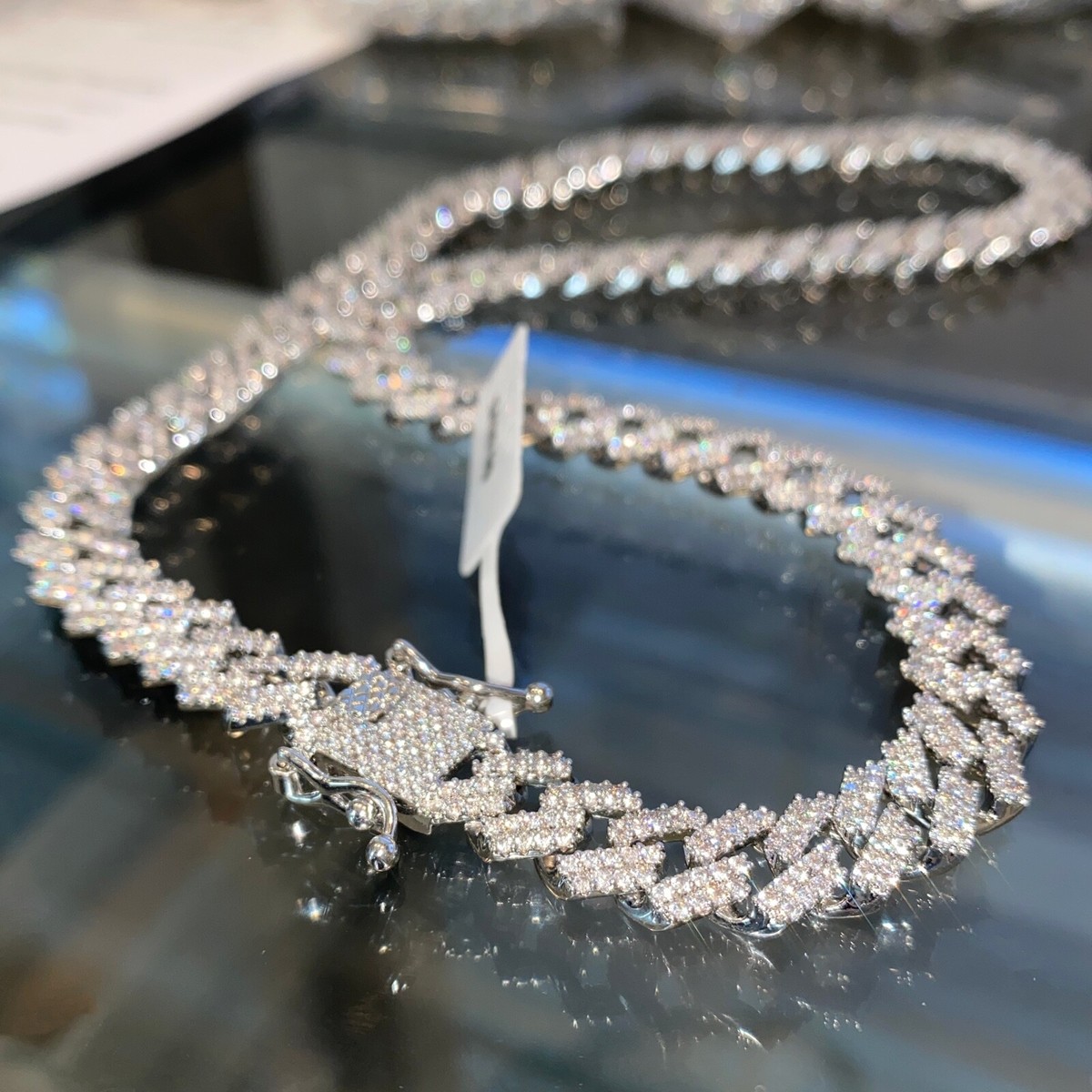 14K White Gold Plated Micro Pave Chain Iced Simulated CZ Zig Zag