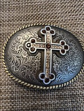 Nocona Silver Cross Rhinestone Western Belt Buckle