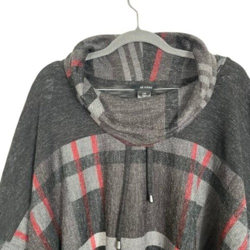 Ali Miles NWOT Brushed Plaid Drawstring Cowl Neck 3/4 Sleeve Poncho Sweater L/XL - Picture 3 of 9
