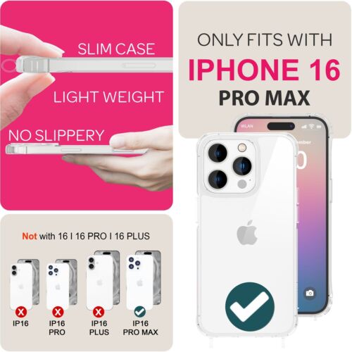 Hybrid Hülle mit Band für iPhone 16 Pro Max, Klare Handyhülle Kette zum Umhängen - Bild 5 von 57
