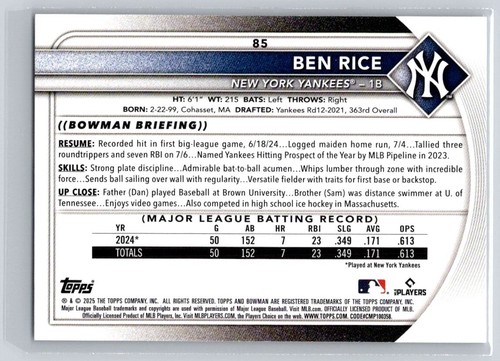 Ben Rice Rookie - 2025 Bowman #85 - New York Yankees - Baseball Card - Picture 6 of 10