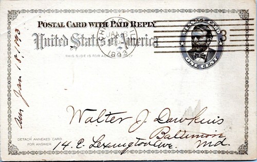 1893 Baltimore Maryland One Cent Grant Reply Card Griffith Indiana DI - Picture 1 of 2