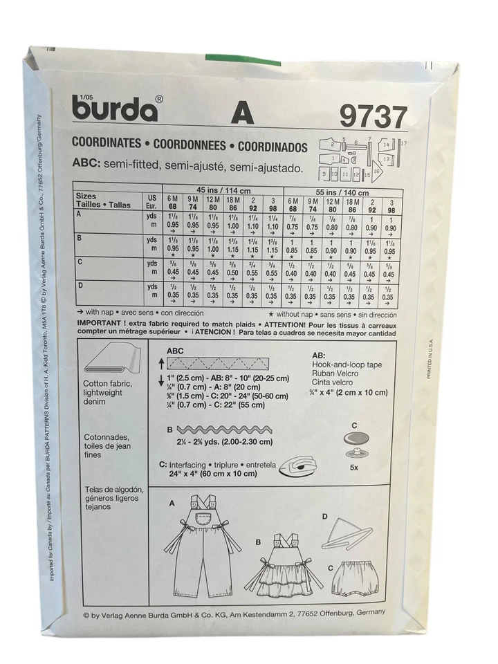 Burda Sewing Pattern 9737 Toddler Romper Jumper Dress Panties Handkerchief 6M-3 - Image 2 of 2