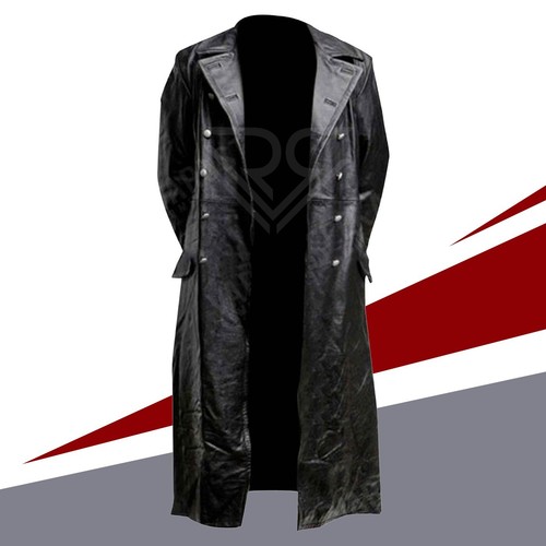 Men's Black Long Full Length Leather Coat Button Front Trench Style Over Coat - Picture 4 of 6