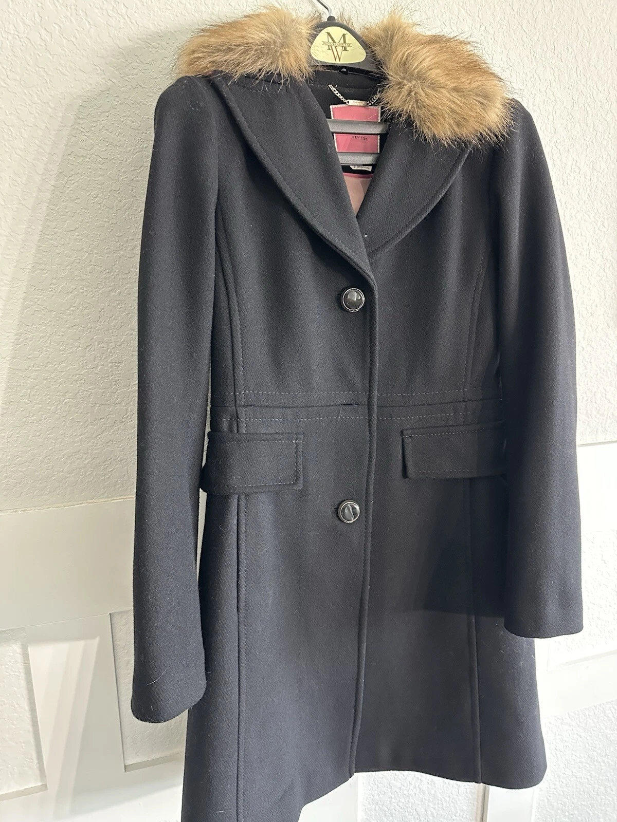 Pavone Kate Spade nero misto lana con colletto staccabile pelliccia sintetica donna piccolo