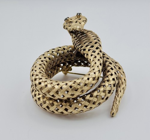 Vintage Coiled Woven Mesh Snake Brooch Pin Rhinestone Eyes - Picture 5 of 10