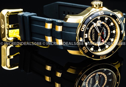 Invicta Mens PRO DIVER SCUBA 18K Gold Black Dial Strap Elegant Gold GMT Watch - Picture 4 of 11
