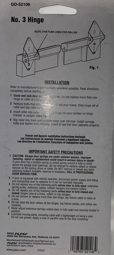 No. 3 Garage Door Replacement Hinge & Hardware GD-52106 - Free Shipping - Picture 2 of 2