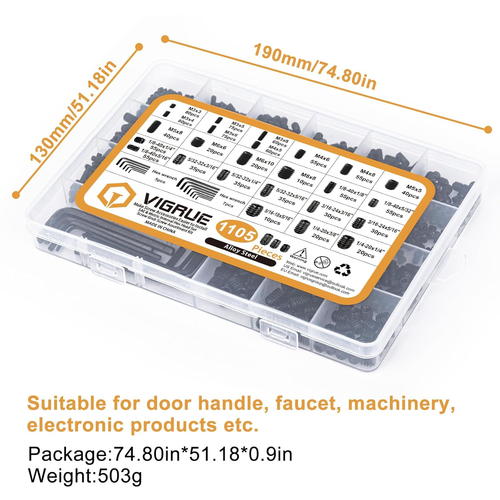 VIGRUE 1105-TEILIG 25 Größen metrisch & SAE Gewindestift Sortiment Kit Innensechskant - Bild 6 von 12