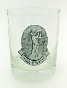 Vintage-Golf-Whiskey-Glass-Barware-Pewter-Medallion-034-The-Drive-034-4-034