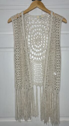 Kori America Sleeveless Open Vest Cardigan Boho Fringe Crochet Size Medium