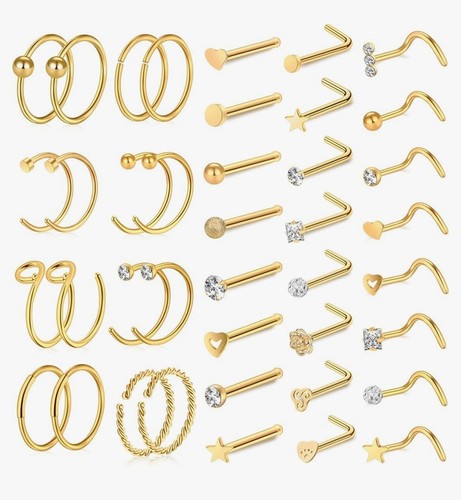 40pcs 20G Nose Ring Set Hoops/L-Shape/Studs 316L Surgical Steel - Gold NWT