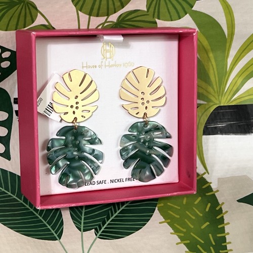Monstera Leaf Dangling Earrings Green Gold Nickel Free Tropical Plant Palm NWT - Picture 5 of 12