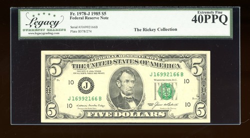 DBR 1985 $5 FRN Kansas City Fr. 1978-J Legacy XF-40 PPQ Serial J16992166B - Picture 1 of 2