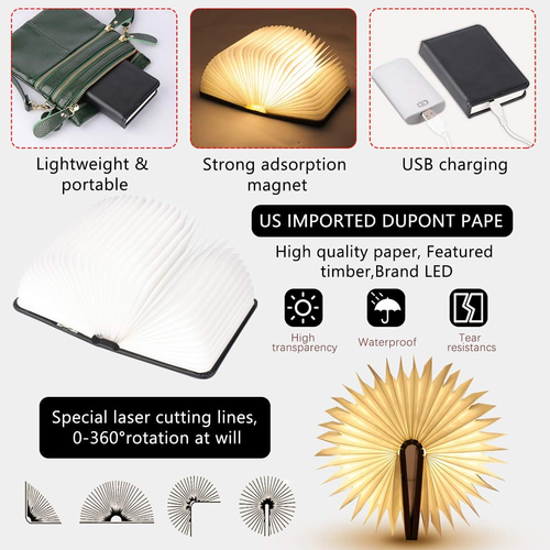 USB Rechargeable Mini Book Lamp - Portable Wooden LED Night Light, Novelty Gift - Picture 4 of 12