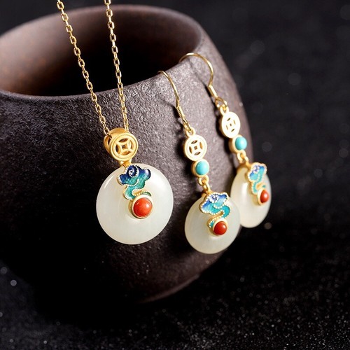 Vintage 14K Gold Filled White Jade Peace Buckle Drop Dangle Earrings - Picture 9 of 9