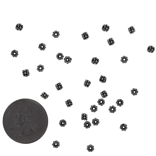 25 pieces, Sterling Silver Beaded Barrel Bali Spacer Bead, 3x4mm Rondell, 1mm Ho - Picture 2 of 2