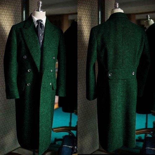 Men Long Overcoats Herringbone Tweed Wool Blend Coat Regular Fit Double Breasted - Picture 7 of 36